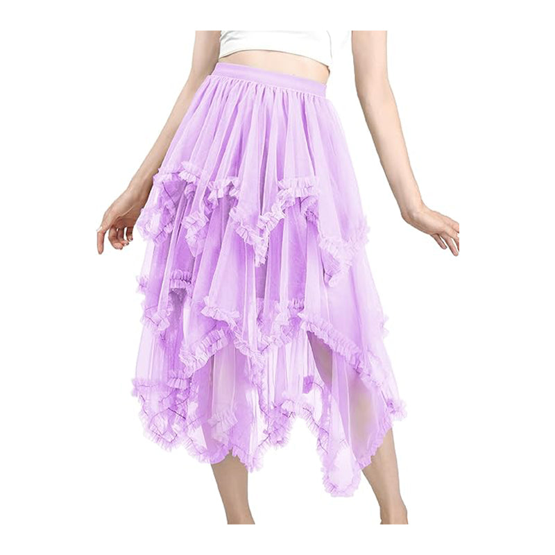 Women Fairy Dress Tiered Tulle Skirt Ruffle Elastic Waist Midi Skirt Tutu Mesh Fairy Costume