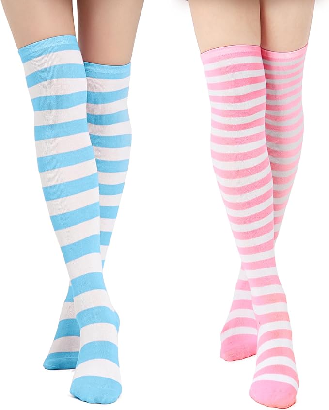 DAZCOS Striped Thigh High Socks Elastic Over The Knee Knit Stockings for Daily or Anime Cosplay