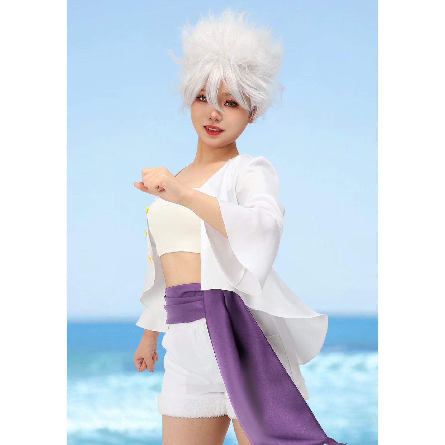 Luffy Gear 5 Female Version Cosplay Costume Outfit White Shirt Pants and Purple Sash