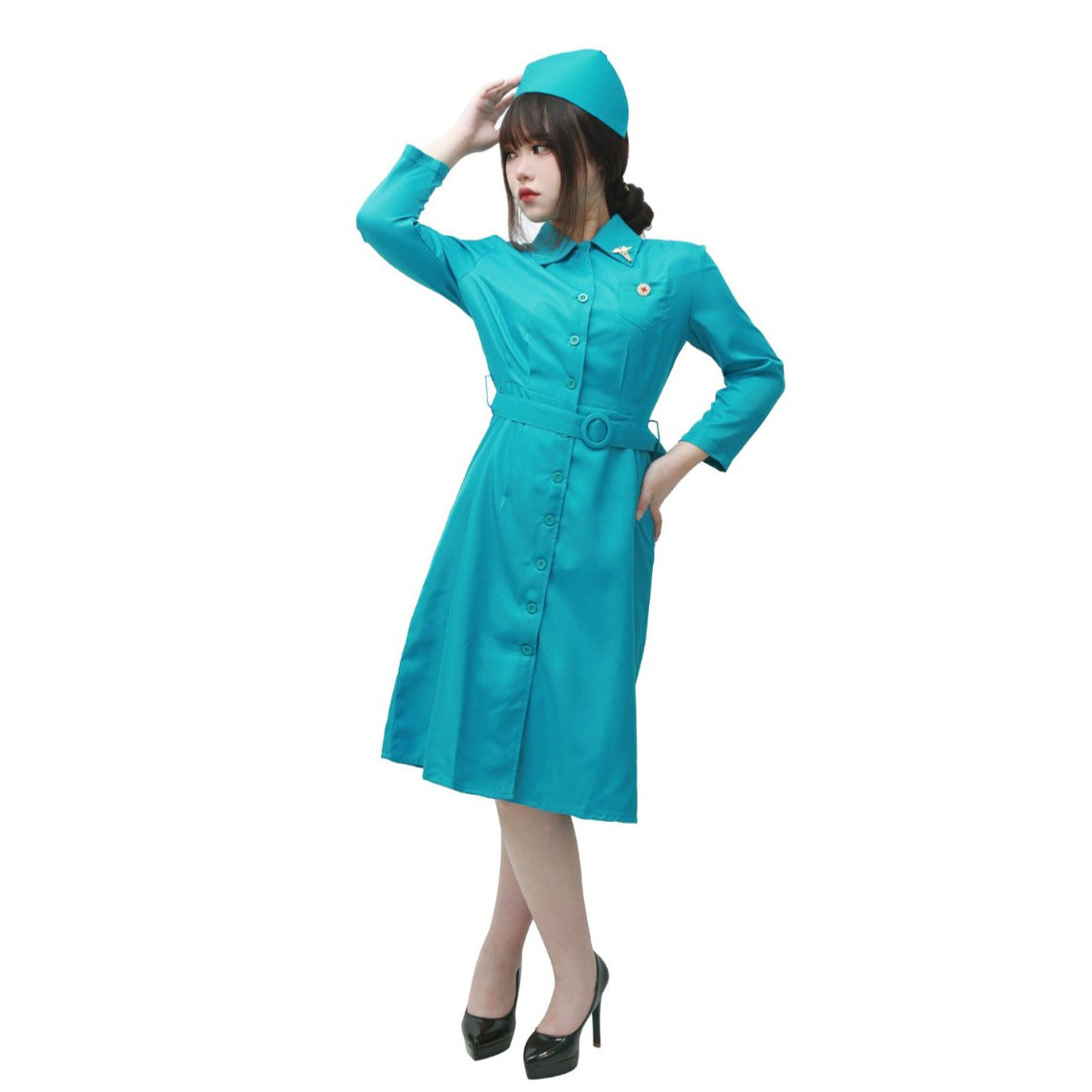 Ratched Cosplay Costume Blue Nurse Dress with Belt and Hat