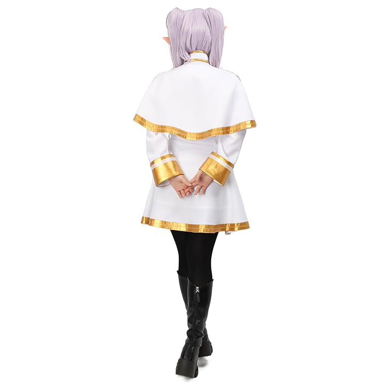 Frieren Costume Elf Cosplay White Cape Skirt Uniform with Pantyhose and Earrings