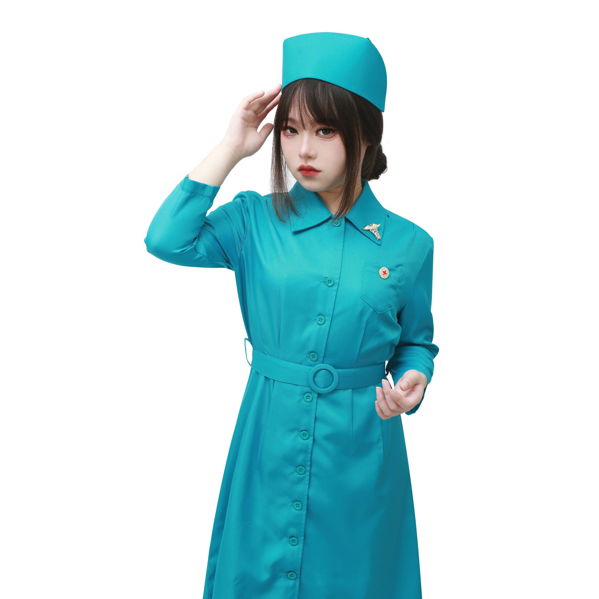 Ratched Cosplay Costume Blue Nurse Dress with Belt and Hat