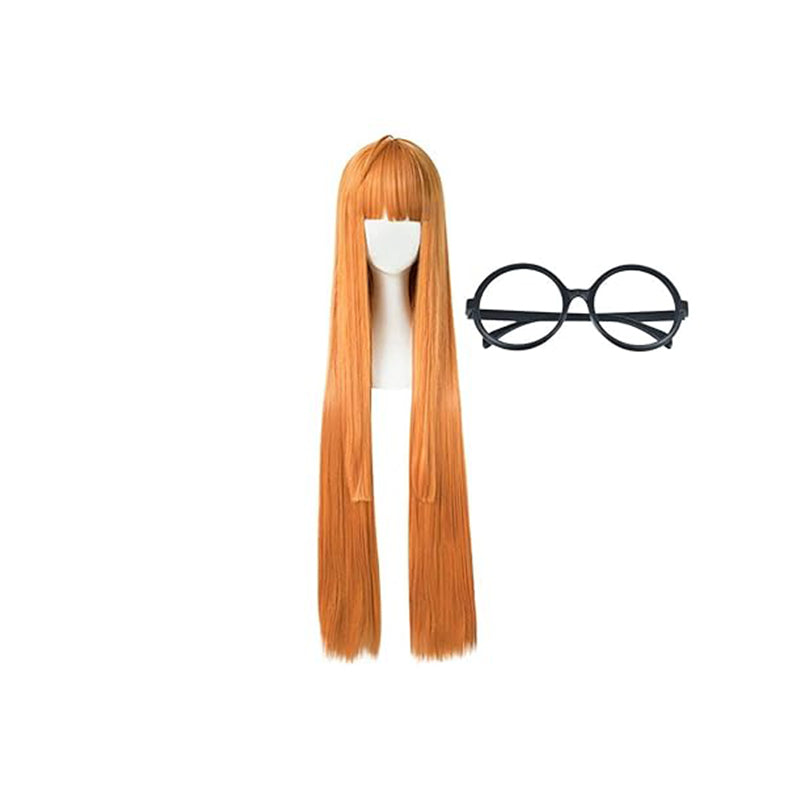 Anime Orange Cosplay Wig with Glasses Long Straight Hair For Halloween Party