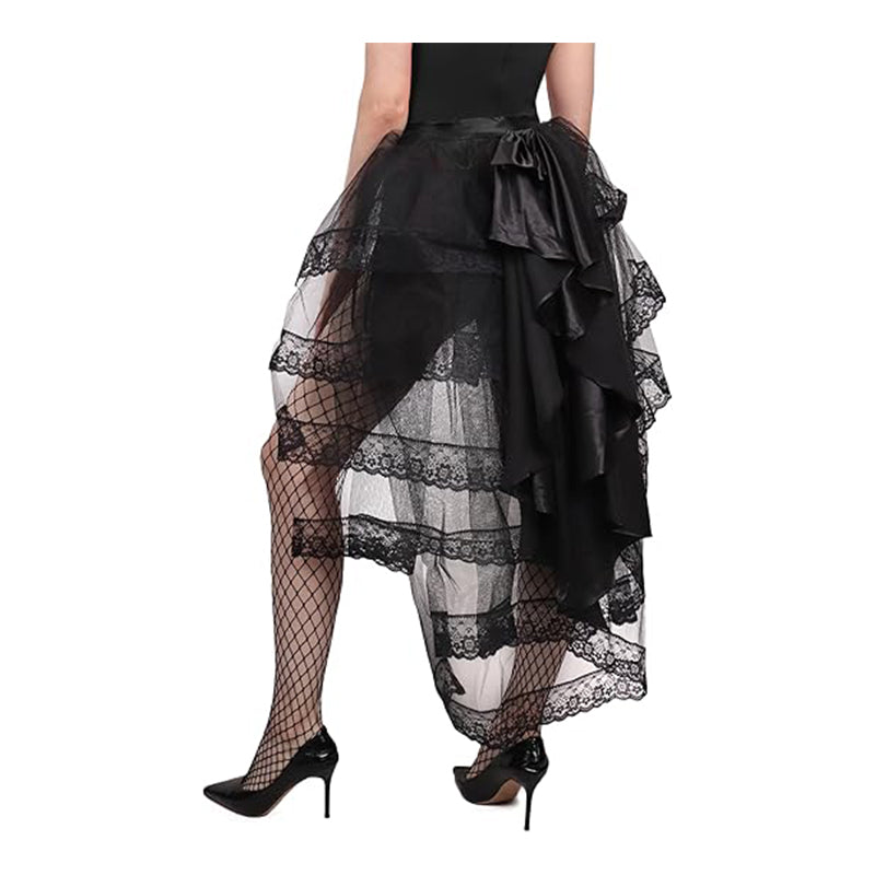 Gothic Steampunk Tulle Bustle Skirt Lace Victorian Tie-on Tutu With Big Black Bow Halloween Costume Accessories