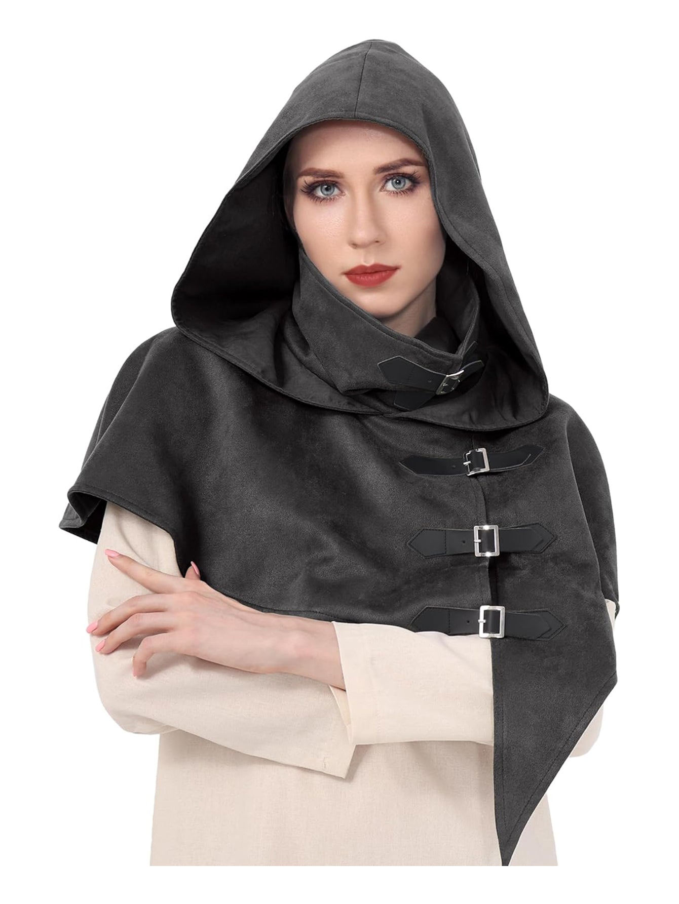 Medieval Cowl Hood With Buckles Renaissance Hooded Cape Hat Costume Accessories For Halloween Party