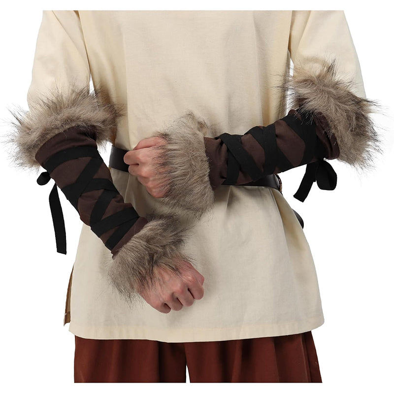 Medieval Faux Fur Arm Wrap Linen Cuffs Renaissance Eskimo LARP Arm Wraps Costume Accessories