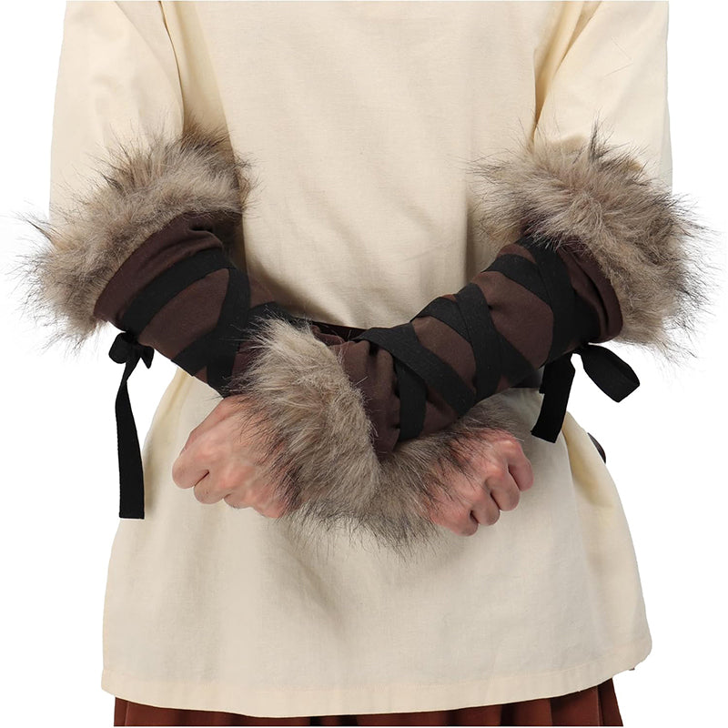 Medieval Faux Fur Arm Wrap Linen Cuffs Renaissance Eskimo LARP Arm Wraps Costume Accessories