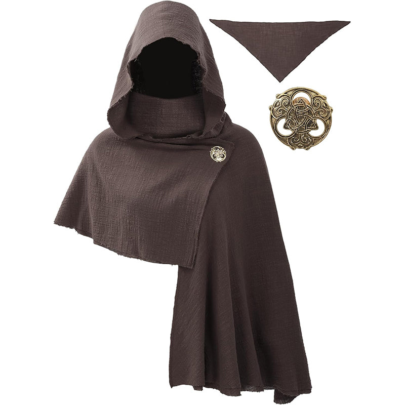 Medieval Hooded Shawl Scarf Renaissance Post Apocalyptic Cowl Hood Cloak With Face Cover Brooch Costume Accessories
