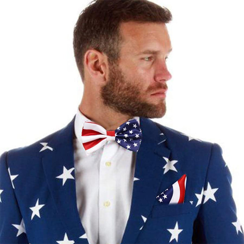 Men American Flag Square Necktie Bowtie Pokect Stars Stripes Patriotic Tie For USA Independence Day Costume Accessories