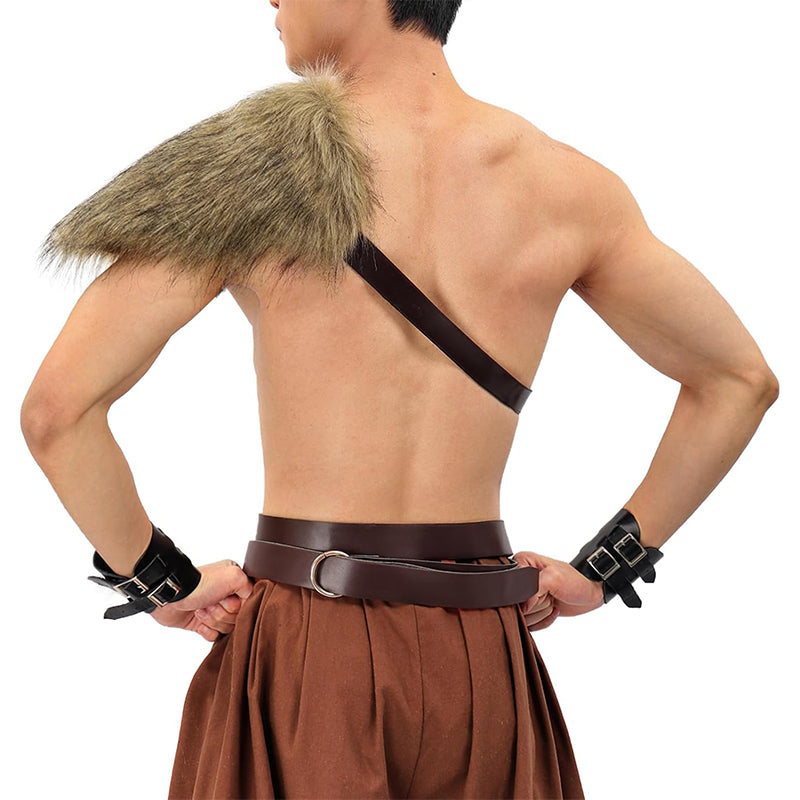 Men Medieval Faux Fur One Shoulder Wrap Armor Renaissance Half Shoulder Cape With Leather Harness Costume Accessories For Halloween Party