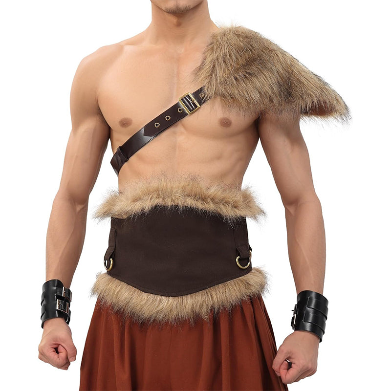 Men Medieval Faux Fur One Shoulder Wrap Armor Renaissance Half Shoulder Cape With Leather Harness Costume Accessories For Halloween Party
