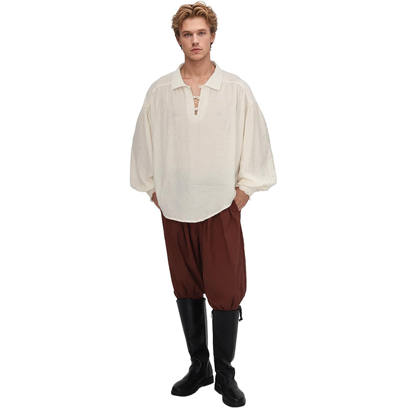 Men Medieval Renaissance Shirt V-Neck With Knot Button Long Sleeves Shirt Pirate Viking Costume Shirts For Festival Daily Wear