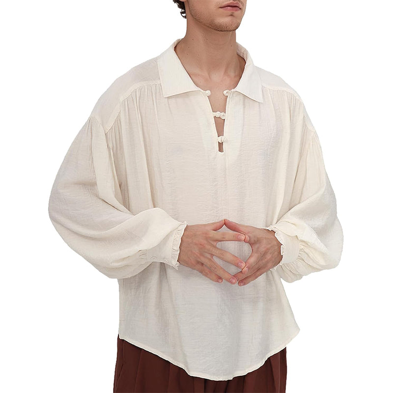 Men Medieval Renaissance Shirt V-Neck With Knot Button Long Sleeves Shirt Pirate Viking Costume Shirts For Festival Daily Wear