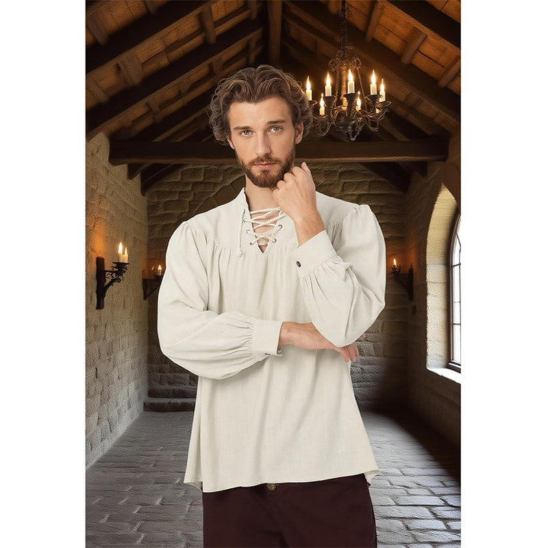 Men Medieval Shirts Pirate Viking Loose Shirt Vampire Renaissance Linen Tunic Lace-Up V-Neck Long Sleeves Shirt Cosplay Costume Shirt