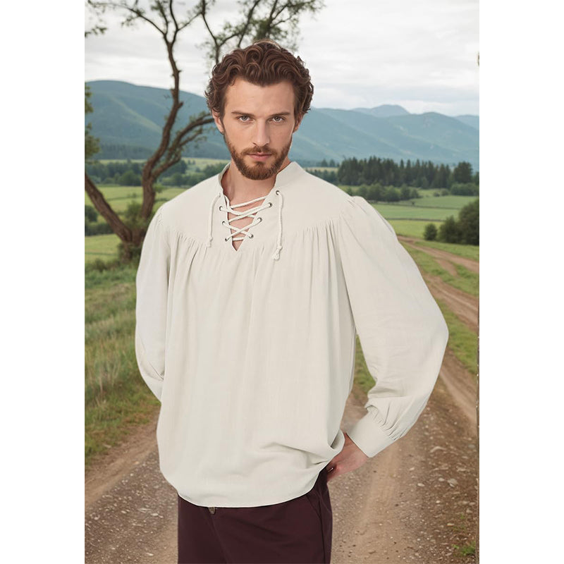 Men Medieval Shirts Pirate Viking Loose Shirt Vampire Renaissance Linen Tunic Lace-Up V-Neck Long Sleeves Shirt Cosplay Costume Shirt