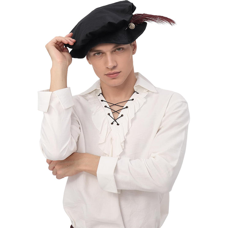 Men Medieval Tudor Hat Renaissance Beret Hat With Feather Cosplay Cap Hat Costume Accessories