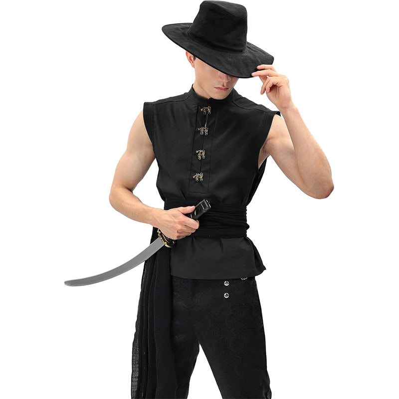 Men Medieval Tunic Sleeveless Shirt Renaissance Linen Pirate Shirt With Retro Button Cosplay Shirt For Party Daily Wear