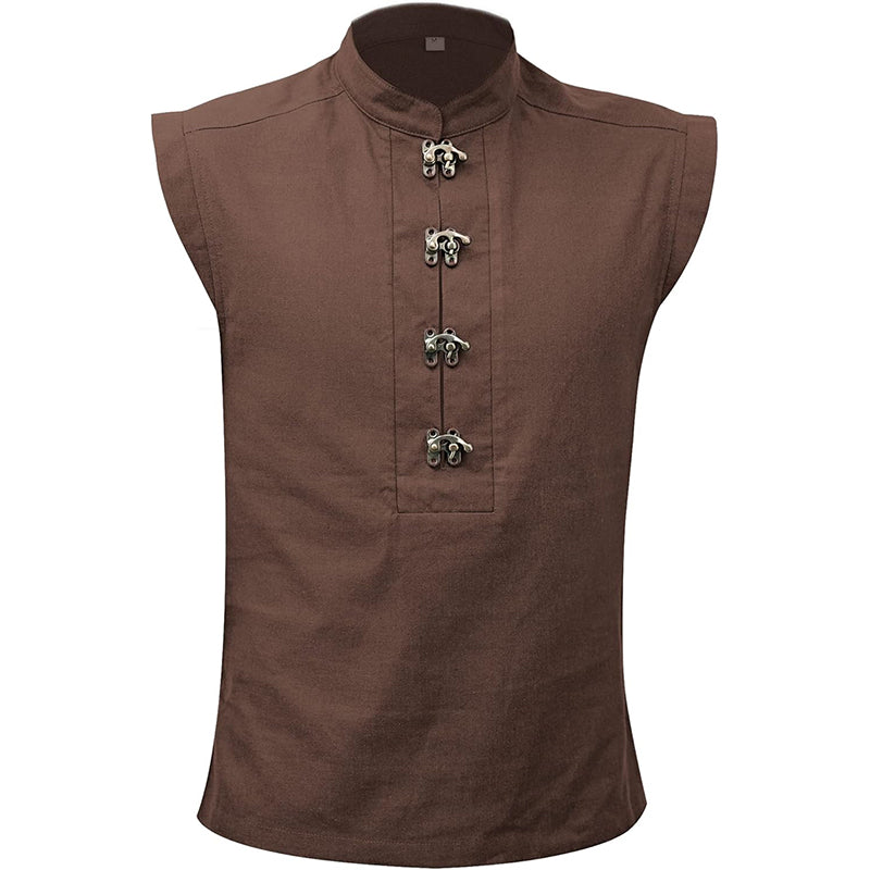 Men Medieval Tunic Sleeveless Shirt Renaissance Linen Pirate Shirt With Retro Button Cosplay Shirt For Party Daily Wear