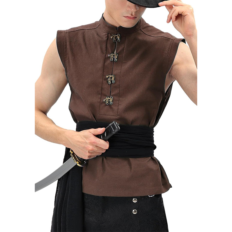 Men Medieval Tunic Sleeveless Shirt Renaissance Linen Pirate Shirt With Retro Button Cosplay Shirt For Party Daily Wear