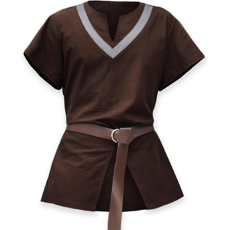 Men Medieval Tunic With Belt Short Sleeves Linen Undershirt Ren Fair LARP Pirate Shirt For Halloween Party Daily Wear