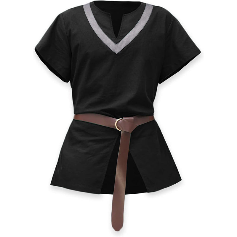 Men Medieval Tunic With Belt Short Sleeves Linen Undershirt Ren Fair LARP Pirate Shirt For Halloween Party Daily Wear