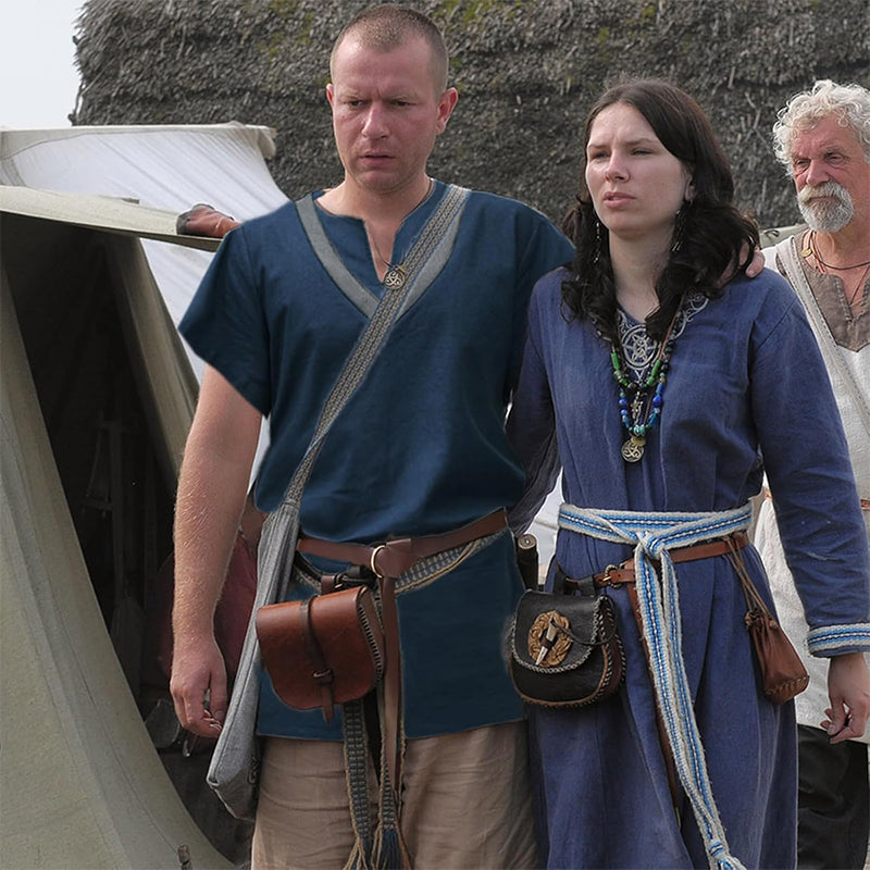 Men Medieval Tunic With Belt Short Sleeves Linen Undershirt Ren Fair LARP Pirate Shirt For Halloween Party Daily Wear