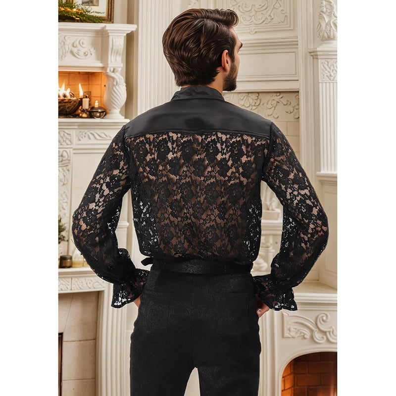 Men Pirate Vampire Gothic Shirt Rose Shaped Lace Shirt See Through Renaissance Poet Shirts Medieval Costume Shirts