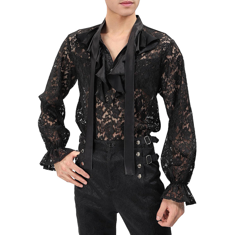 Men Pirate Vampire Gothic Shirt Rose Shaped Lace Shirt See Through Renaissance Poet Shirts Medieval Costume Shirts L