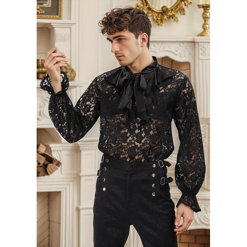 Men Pirate Vampire Gothic Shirt Rose Shaped Lace Shirt See Through Renaissance Poet Shirts Medieval Costume Shirts