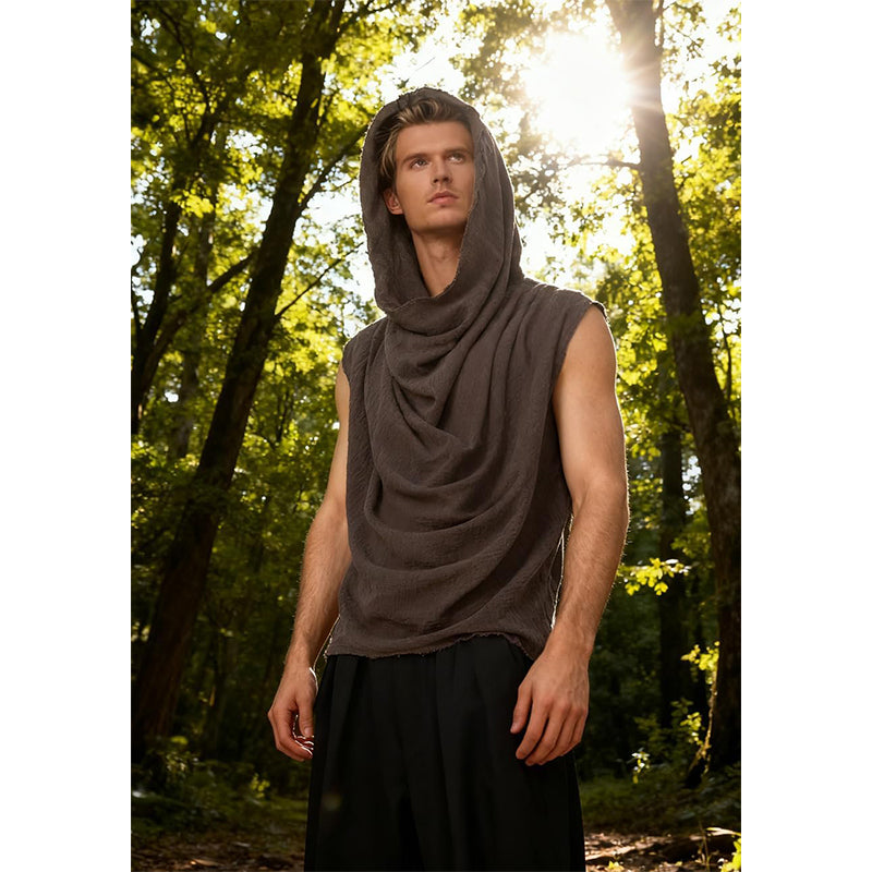 Men Post Apocalyptic Hooded Top Apocalyptic Sleeveless Vest Medieval Vintage Retro Shirt Renaissance Sleeveless Shirt Cosplay Costumes