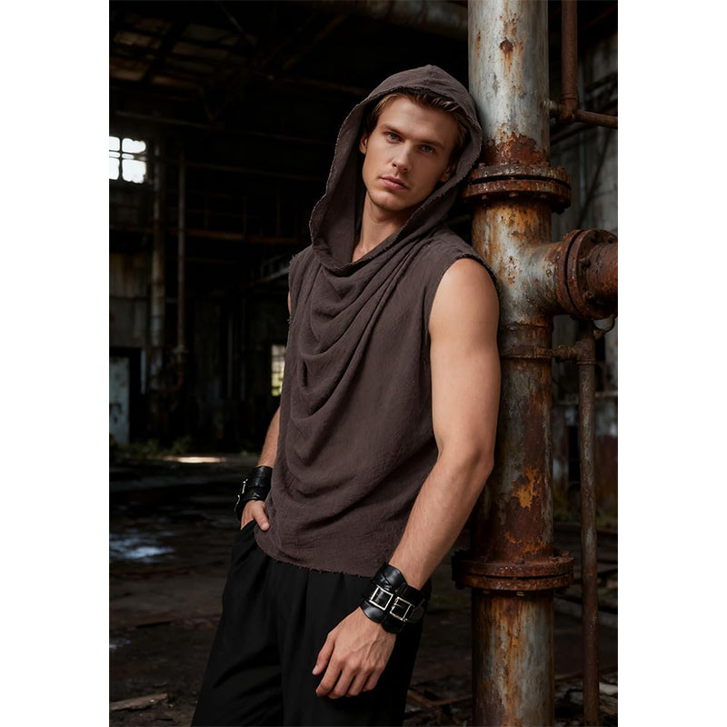 Men Post Apocalyptic Hooded Top Apocalyptic Sleeveless Vest Medieval Vintage Retro Shirt Renaissance Sleeveless Shirt Cosplay Costumes
