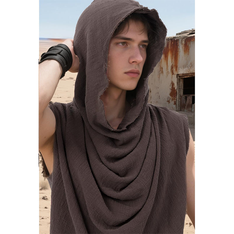 Men Post Apocalyptic Hooded Top Apocalyptic Sleeveless Vest Medieval Vintage Retro Shirt Renaissance Sleeveless Shirt Cosplay Costumes