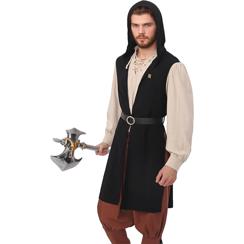 Men Renaissance Vest Medieval Hooded Surcoat LARP Sleeveless Tunic Tabard Pirate Cosplay Costumes For Halloween Party Festival