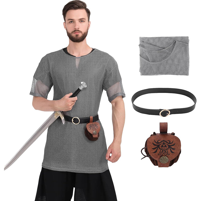 Men Renaissance Medieval Chain Tunic Shirt With Belt And Pouch LARP Cosplay Costume Set For Halloween Party