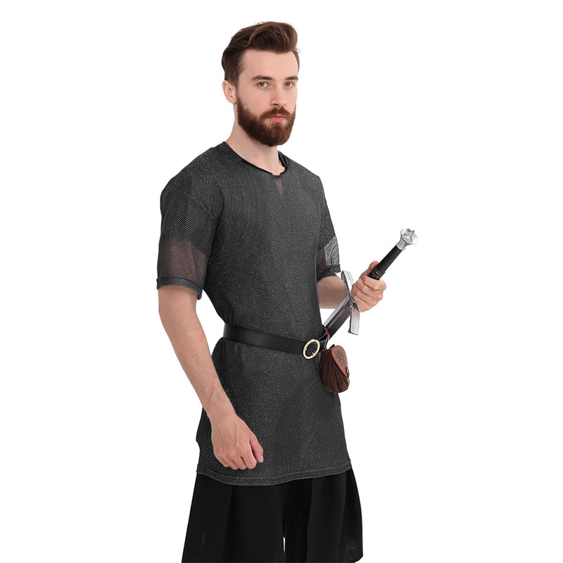 Men Renaissance Medieval Chain Tunic Shirt With Belt And Pouch LARP Cosplay Costume Set For Halloween Party