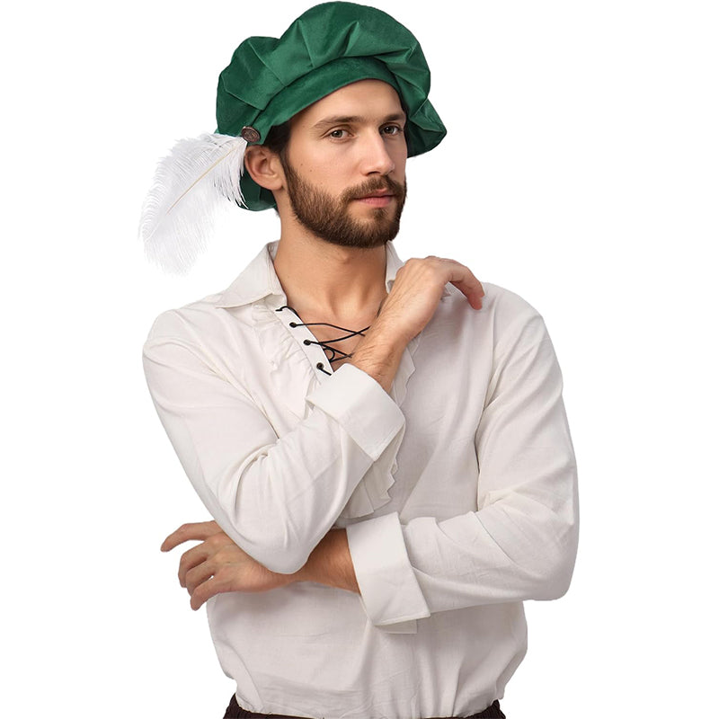 Men Renaissance Medieval Tudor Hat Beret Hat With Feather Ren Faire LARP Muffin Cap Minstrel Hat Costume Accessories