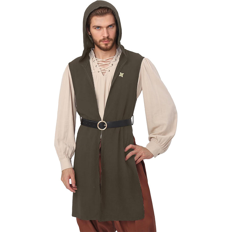 Men Renaissance Vest Medieval Hooded Surcoat LARP Sleeveless Tunic Tabard Pirate Cosplay Costumes For Halloween Party Festival