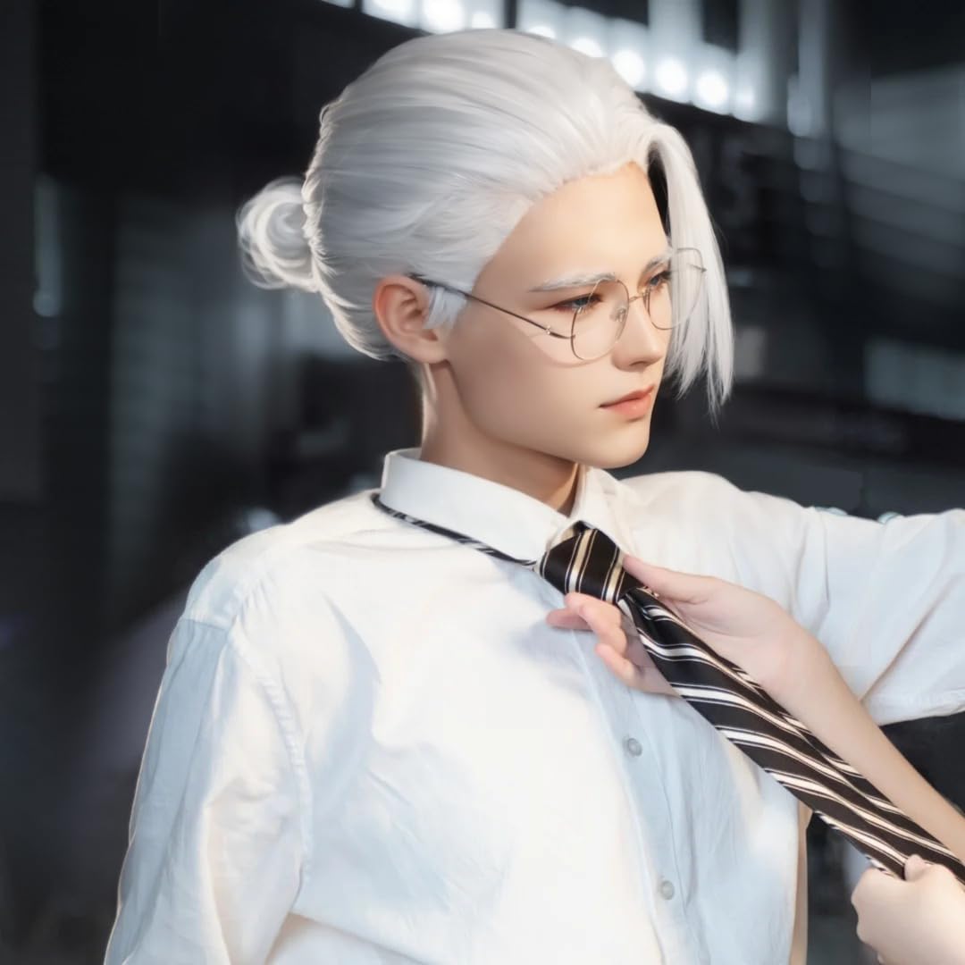 Sakamoto Cosplay Wig White Hair with Glasses for Halloween Party