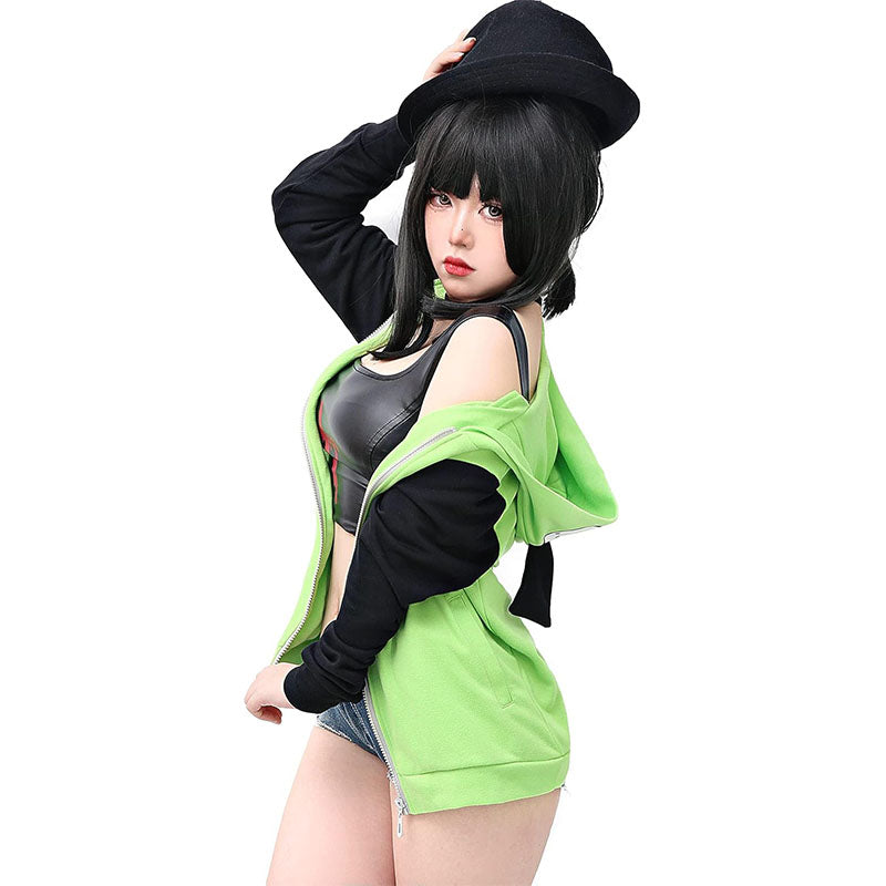 Women Anime Cosplay Green Hoodie Jacket Coat with Ears for Halloween Party Daily Wear