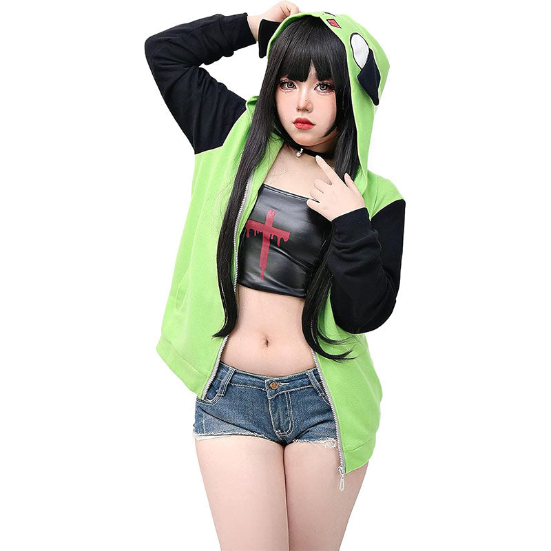 Women Anime Cosplay Green Hoodie Jacket Coat with Ears for Halloween Party Daily Wear