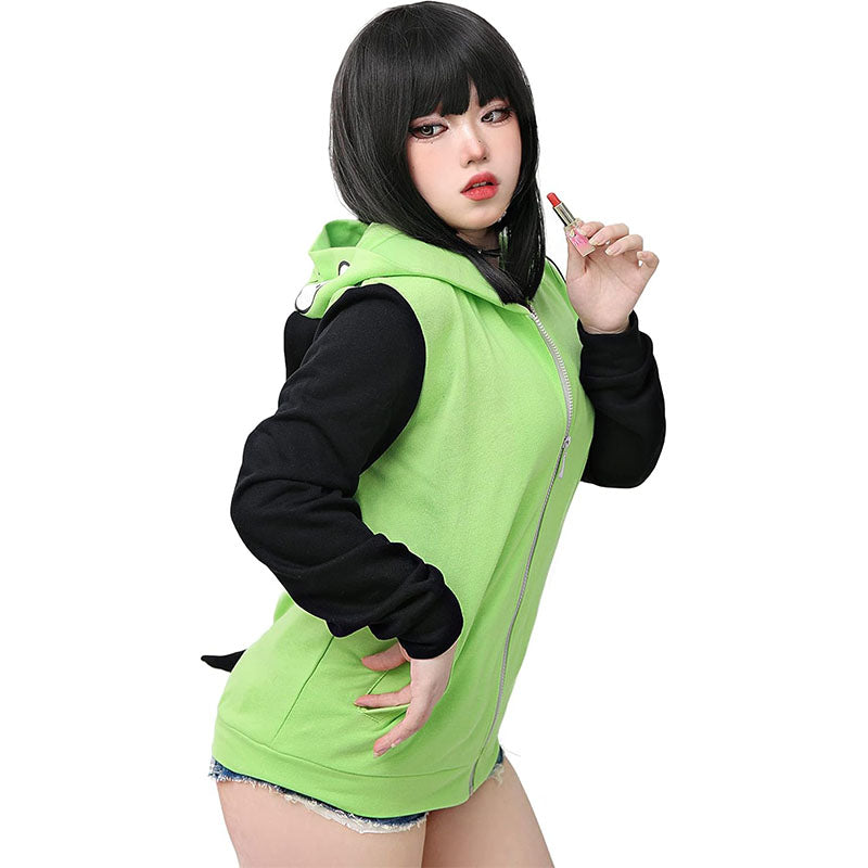 Women Anime Cosplay Green Hoodie Jacket Coat with Ears for Halloween Party Daily Wear