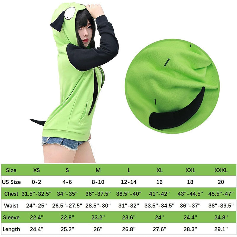 Women Anime Cosplay Green Hoodie Jacket Coat with Ears for Halloween Party Daily Wear