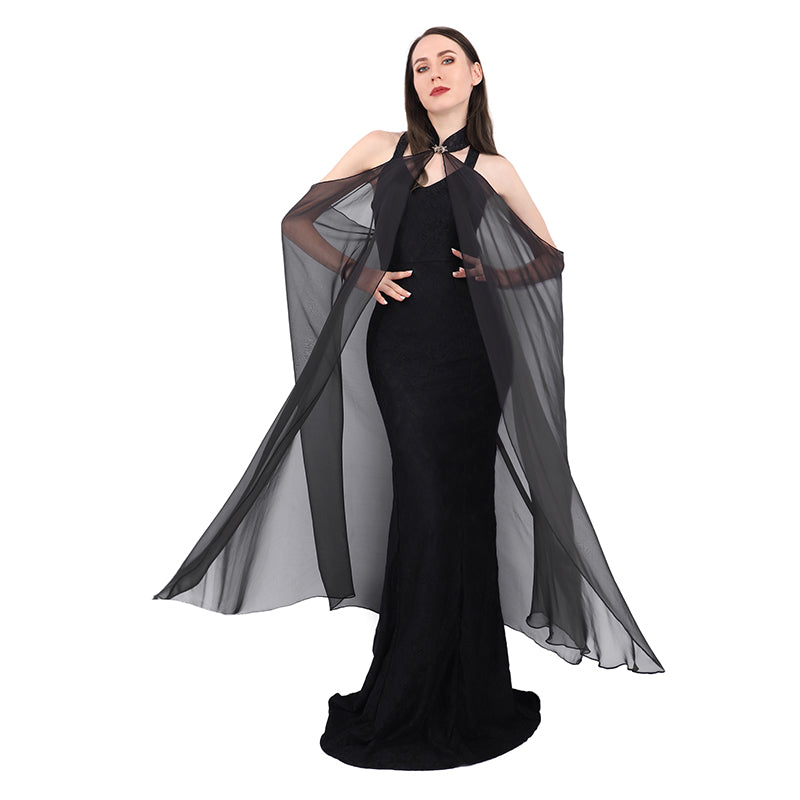 Women Chiffon Sheer Cape Gothic Tulle Cloak Evening Glamour Dresses Wedding Bridal Collared Shawls
