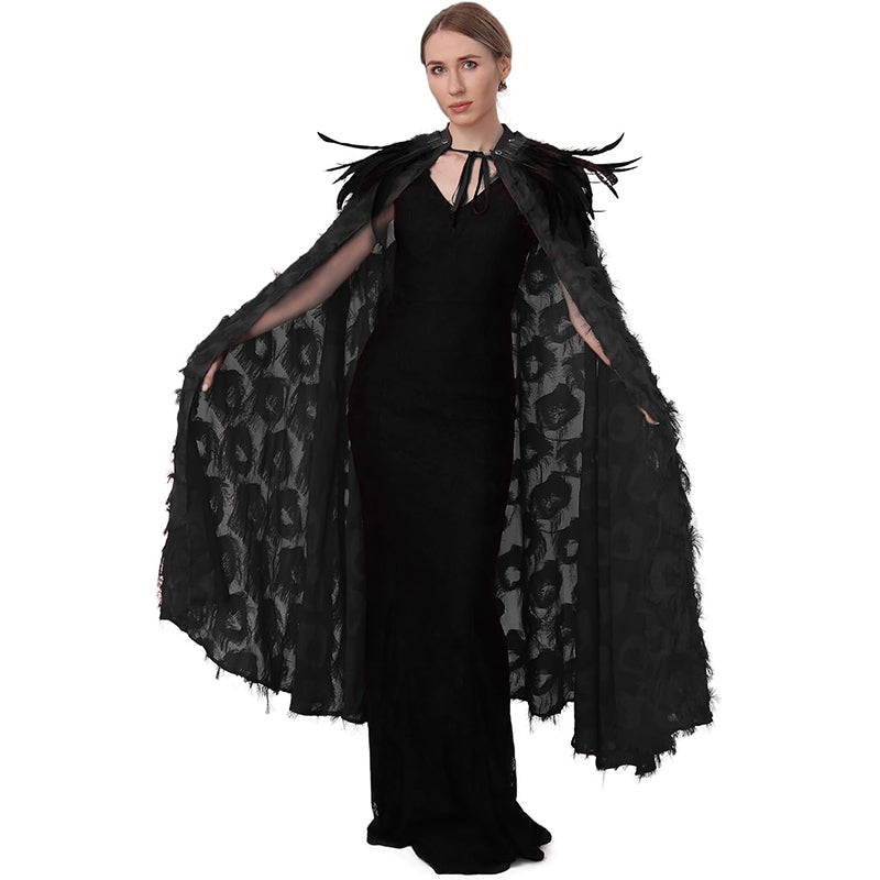 Women Cloak With Feather Collar Gothic Vampire Witch Cape Cosplay Costume Cloak For Halloween Party