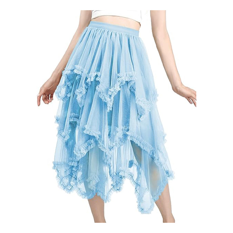 Women Fairy Dress Tiered Tulle Skirt Ruffle Elastic Waist Midi Skirt Tutu Mesh Fairy Costume
