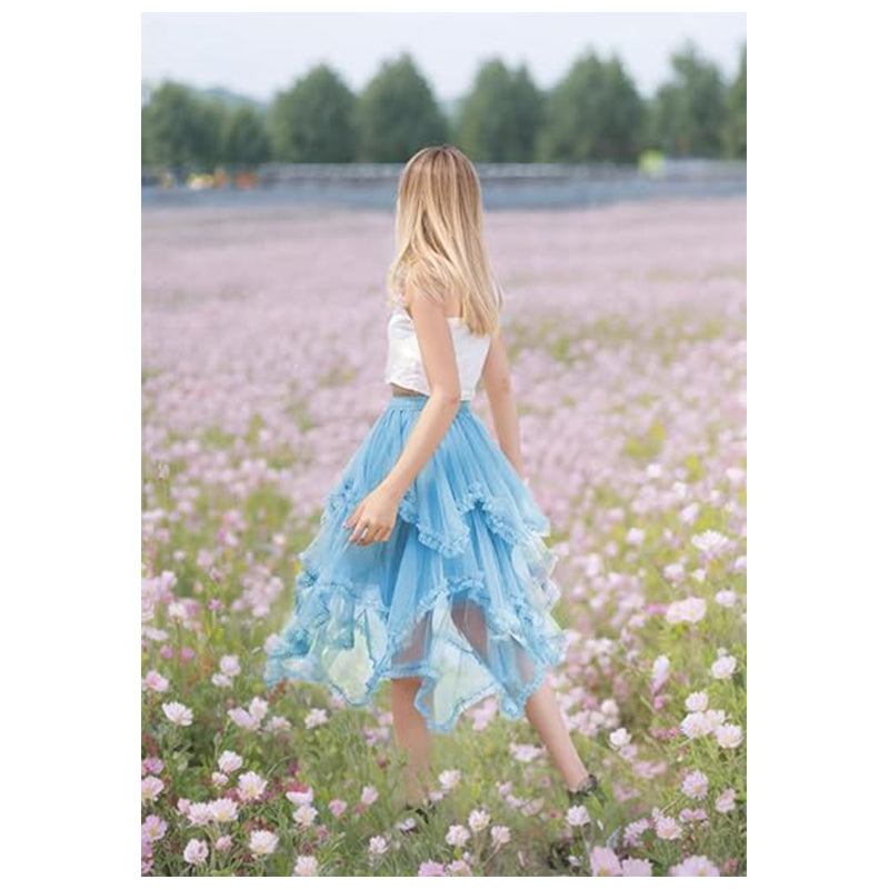 Women Fairy Dress Tiered Tulle Skirt Ruffle Elastic Waist Midi Skirt Tutu Mesh Fairy Costume