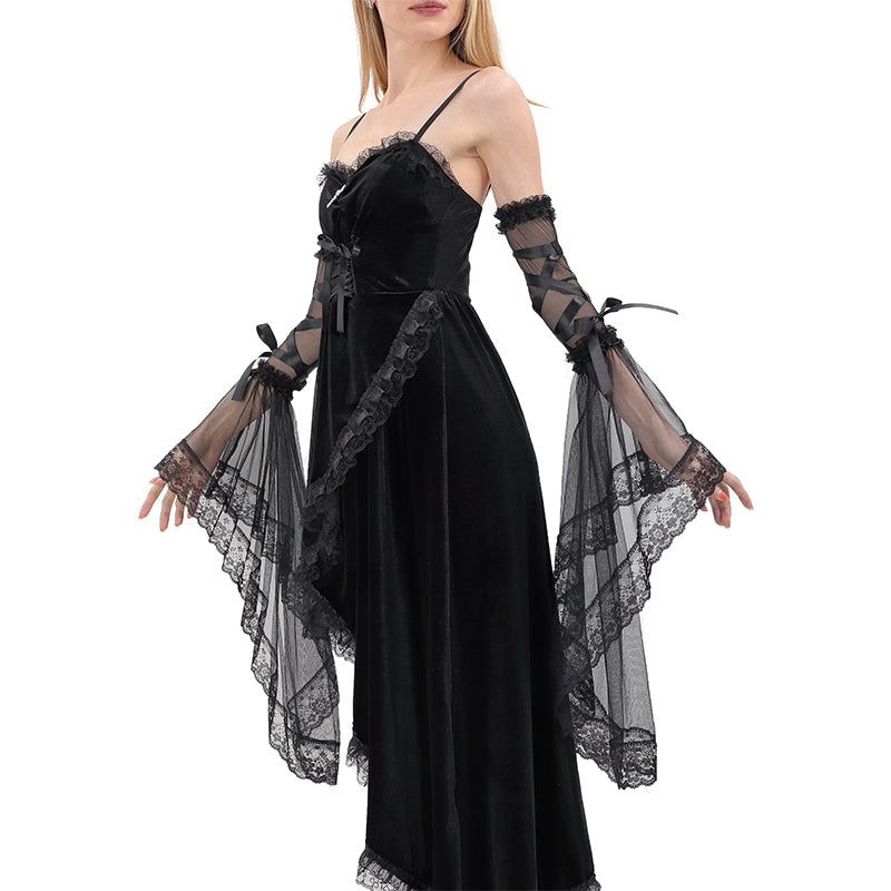 Women Gothic Black Lace Gloves Long Victorian Tulle Chiffon Detachable Sleeves Vampire Witch Gloves Halloween Party Cosplay Costume Accessories