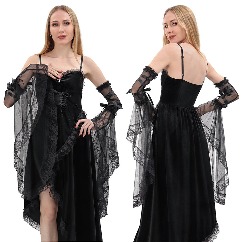 Women Gothic Black Lace Gloves Long Victorian Tulle Chiffon Detachable Sleeves Vampire Witch Gloves Halloween Party Cosplay Costume Accessories