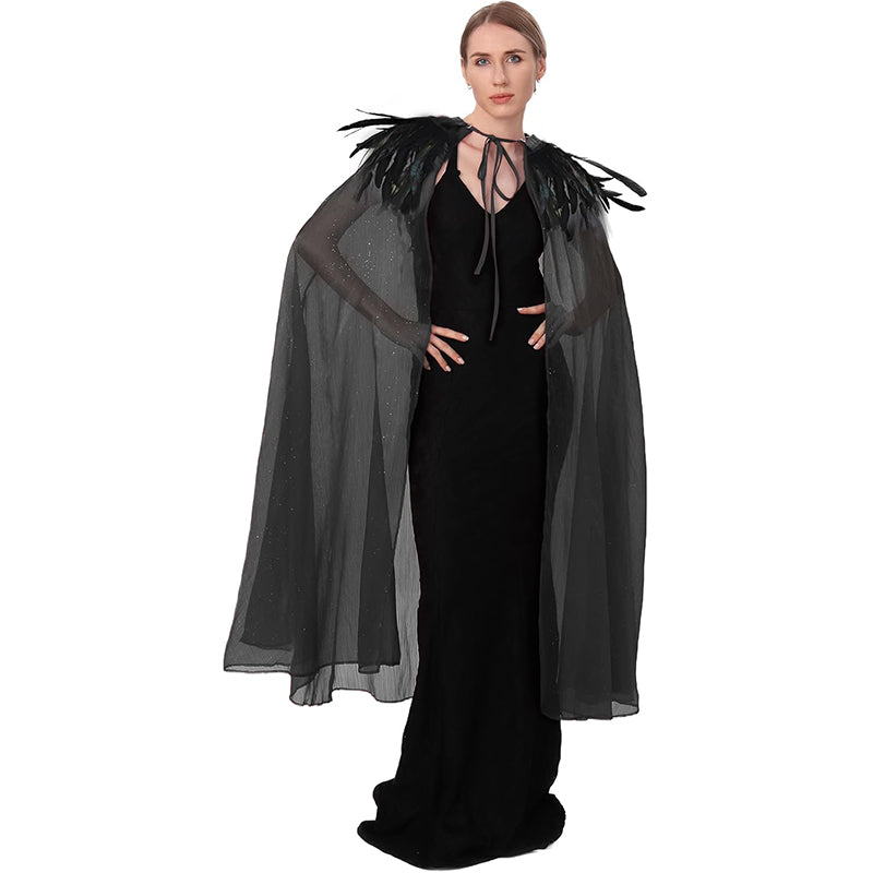 Women Gothic Cloak With Feather Collar Vampire Witch Tulle Cape Cosplay Costume Feather Cloak For Halloween Party
