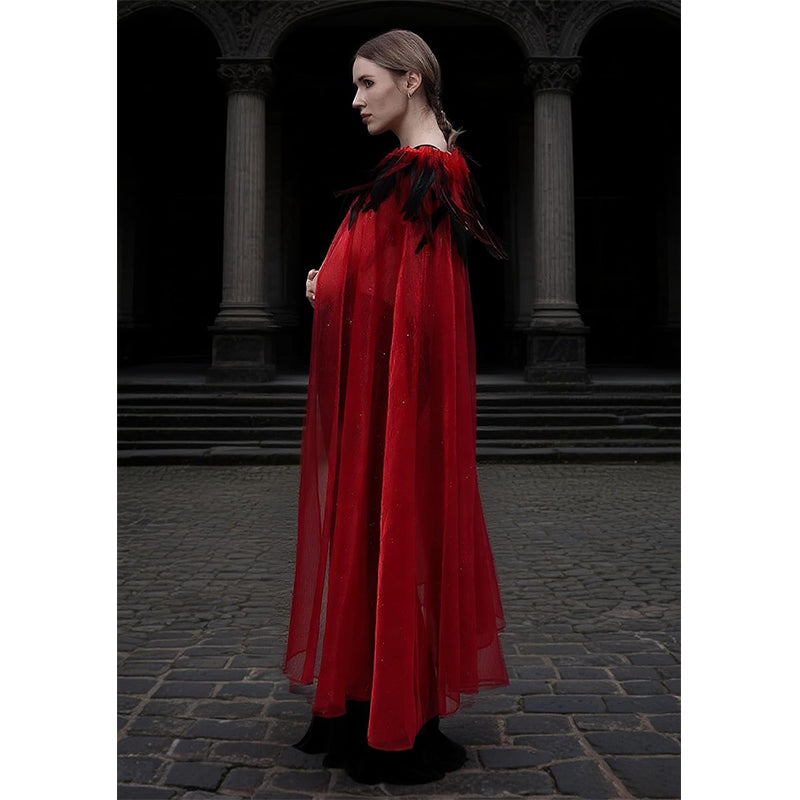 Women Gothic Cloak With Feather Collar Vampire Witch Tulle Cape Cosplay Costume Feather Cloak For Halloween Party
